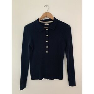 Faherty Mikki Ribbed Polo Sweater Cotton Cashmere Navy Sz L MSRP $168 Prep Ivy